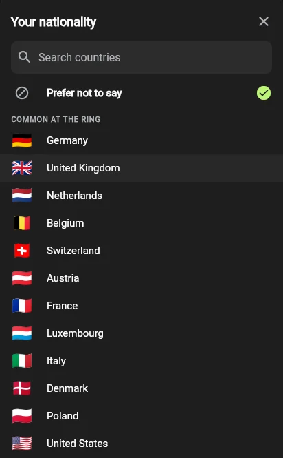 The nationality picker with country flags, common countries at the Ring first