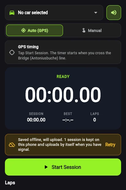 The lap timer in GPS mode, with a session waiting to upload after a signal dead spot