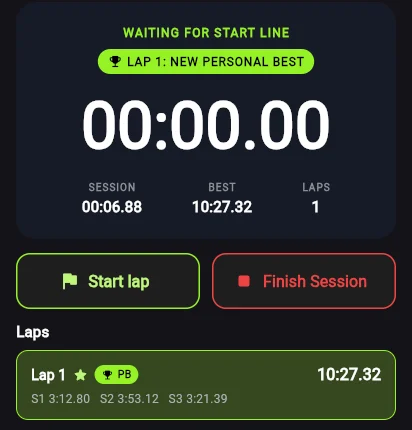 The lap timer showing a new personal best with sector times
